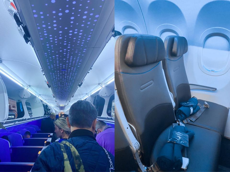 Left: People board a plane with blue lights above the cabin. Right: two seats with rolled up blankets on them on a flight