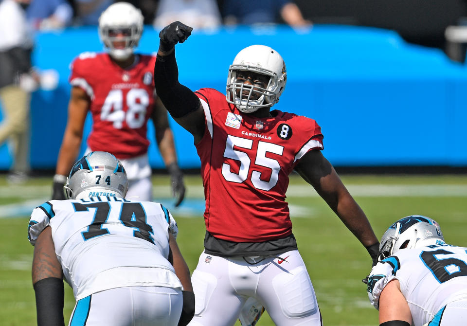 CHARLOTTE, NORTH CAROLINA - OCTOBER 04: Chandler Jones #55 of the Arizona Cardinals gestures to the official after a false start by the Carolina Panthers during the first quarter of their game at Bank of America Stadium on October 04, 2020 in Charlotte, North Carolina. (Photo by Grant Halverson/Getty Images)