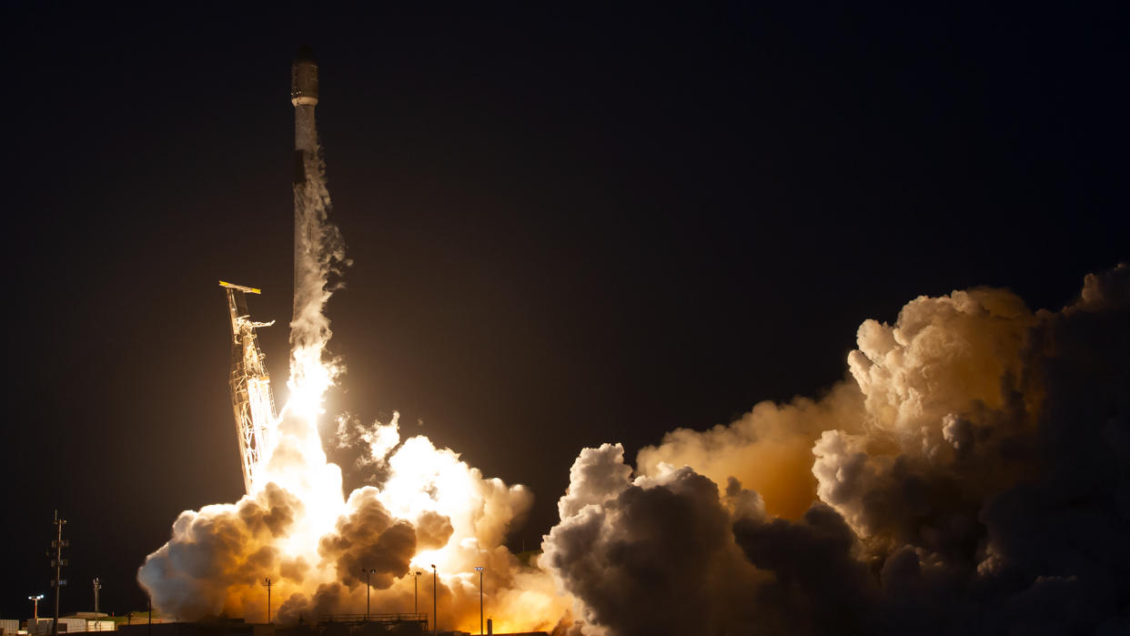  A SpaceX Falcon 9 rocket launches Starlink satellites into orbit from California's Vandenberg Space Force Base on March 18, 2024. 