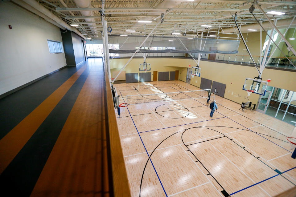 A gym and running path is pictured before the opening of the third MAPS 3 Senior Health and Wellness Center in Oklahoma City, on Wednesday, Dec. 6, 2023.