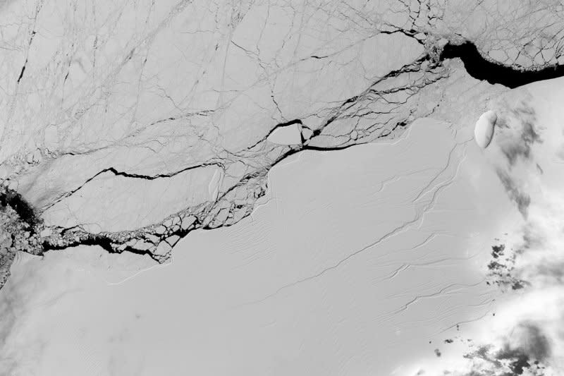 A NASA satellite image of a long crack in the Larsen C ice shelf, taken on March 8, 2017, that sometime between July 10 and July 12 calved an iceberg roughly the size of Delaware measuring 2,239 square miles and weighing more than 1 trillion metric tons. Following the split, the Larsen C ice shelf is now 12% smaller. File photo by NASA/UPI