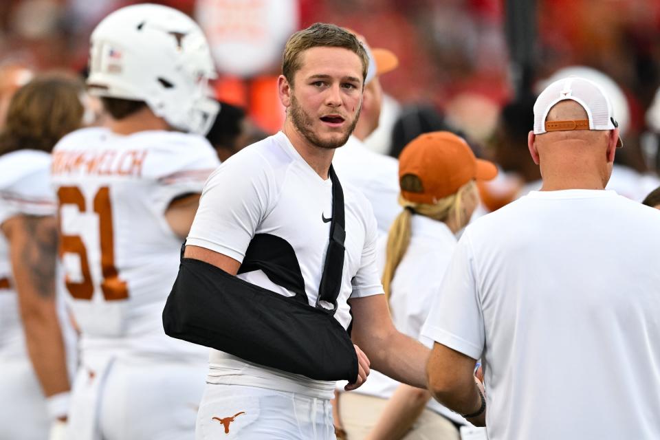Oct 21, 2023; Houston, Texas, USA; Texas Longhorns quarterback Quinn Ewers (3) stands on the sideline in a sling after coming out of the game during the third quarter against the Houston Cougars at TDECU Stadium. Mandatory Credit: Maria Lysaker-USA TODAY Sports
