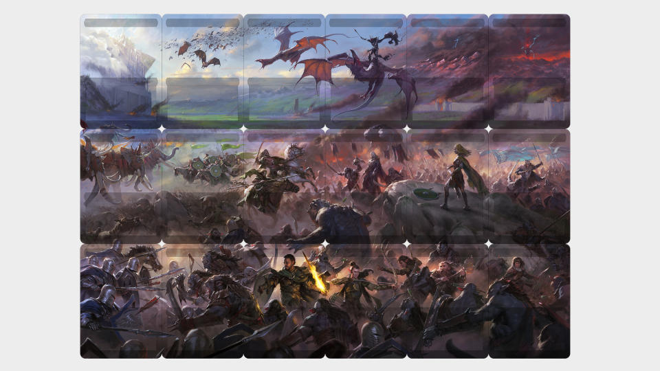 A collection of borderless cards that combine into a larger diorama from the MTG Lord of the Rings set