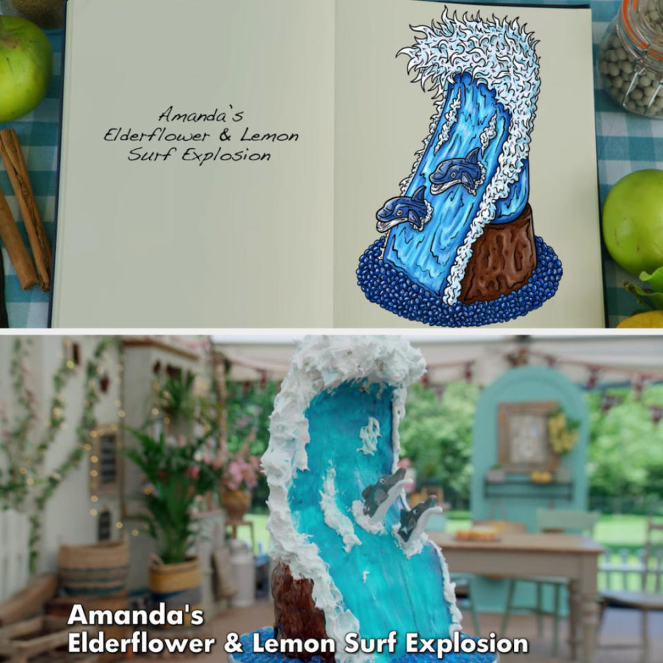 Amanda's anti-gravity cake decorated to look like dolphins in the surf at sea side by side with its drawing