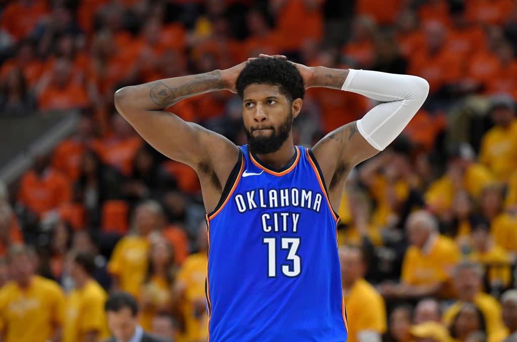 Paul George would be wearing a Lakers uniform right now if he never but on Thunder blue and yellow. (Getty Images)