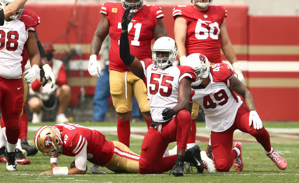 Chandler Jones of the Arizona Cardinals reacts after he sacked Jimmy Garoppolo. (Photo by Ezra Shaw/Getty Images)