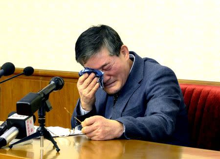 A man who identified himself as Kim Dong Chul, who previously said he was a naturalized American citizen and was arrested in North Korea in October, attends a news conference in Pyongyang, North Korea, in this undated photo released by North Korea's Korean Central News Agency (KCNA) in Pyongyang, North Korea on March 25, 2016. KCNA via Reuters/Files