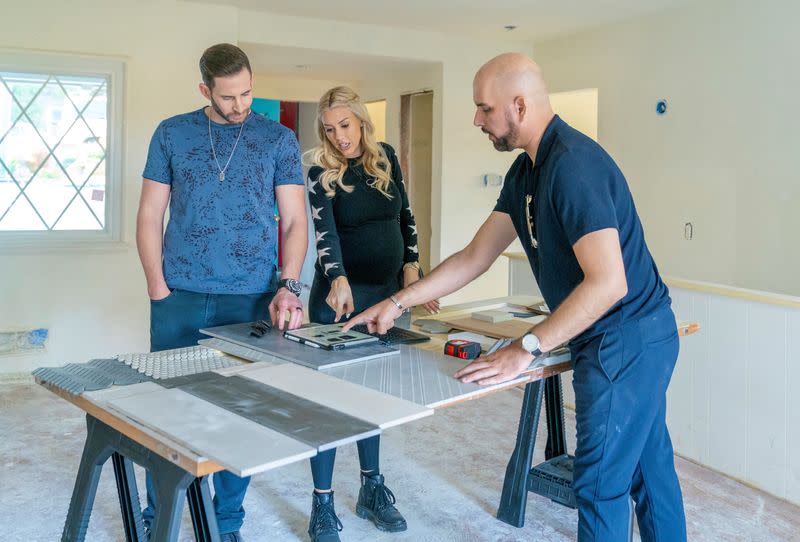 HGTV's Flipping 101, host Tarek El Moussa and his wife Heather Rae El Moussa weigh design options, in Cheviot Hills