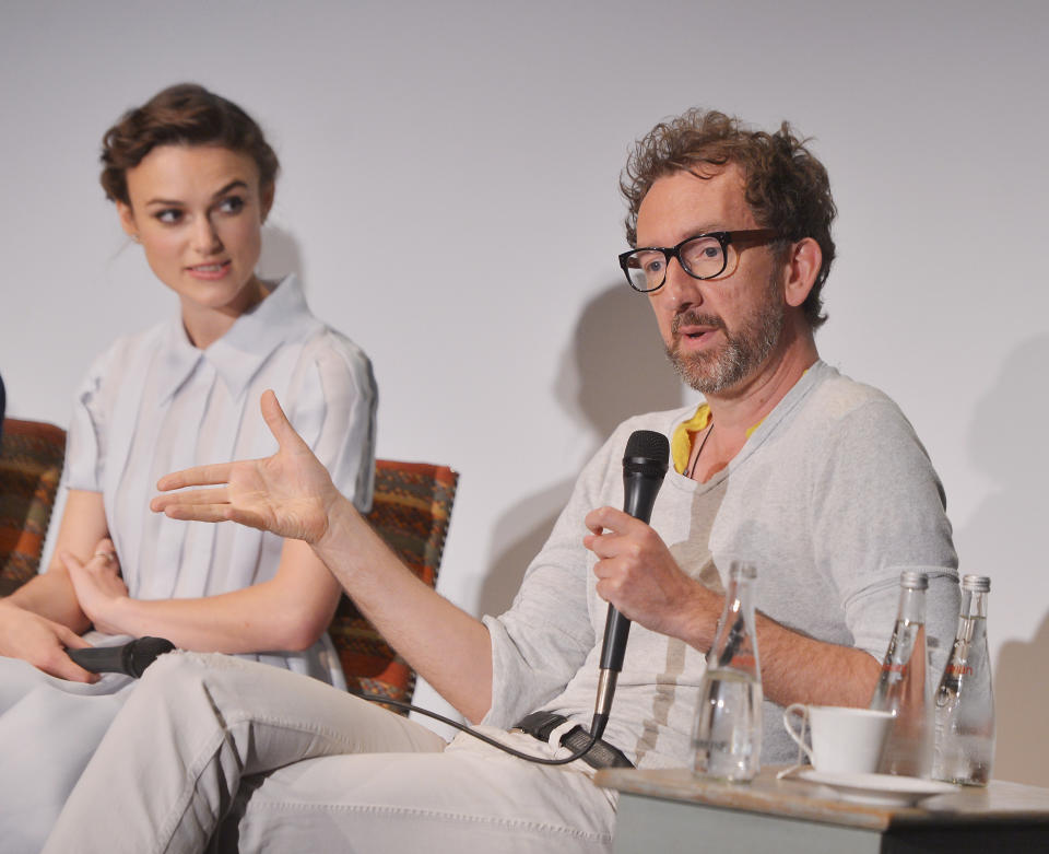 Actress Keira Knightley and writer/director John Carney attend the "Begin Again" press conference at Crosby Street Hotel on June 26, 2014 in New York City