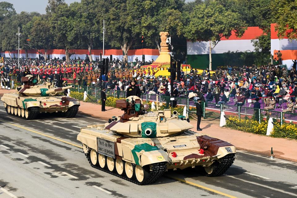 Soldiers on T-90 (Bhisma) tanks march march along Rajpath during the Republic Day parade in New Delhi on January 26, 2021. (Photo by Jewel SAMAD / AFP) (Photo by JEWEL SAMAD/AFP via Getty Images)