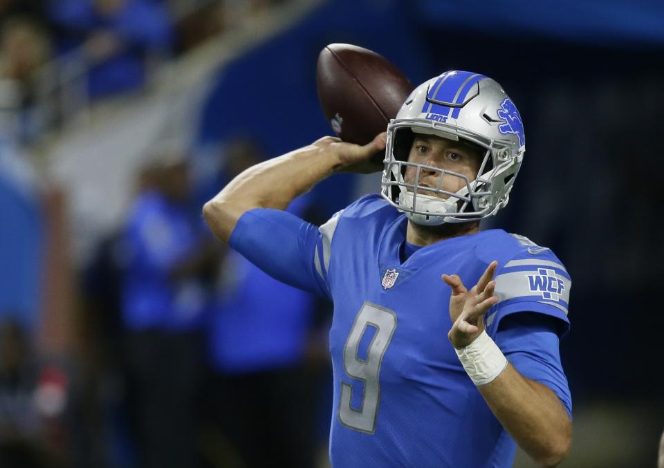 Detroit Lions quarterback Matthew Stafford throws during the first half of an NFL football game against the New England Patriots, Sunday, Sept. 23, 2018, in Detroit. (AP Photo/Duane Burleson)