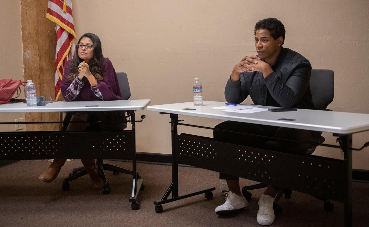 Angelann Flores, left, and Xavier Lopez Mountain participate in a debate for the SUSD board District 2 seat at the Stockton Record's office in downtown Stockton on Wednesday Oct. 26, 2022. 