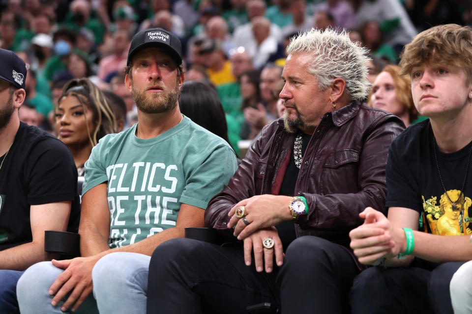 BOSTON, MASSACHUSETTS - JUNE 08: Barstool Founder Dave Portnoy and Guy Fieri look on in the second quarter during Game Three of the 2022 NBA Finals between the Boston Celtics and the Golden State Warriors at TD Garden on June 08, 2022 in Boston, Massachusetts. NOTE TO USER: User expressly acknowledges and agrees that, by downloading and/or using this photograph, User is consenting to the terms and conditions of the Getty Images License Agreement. (Photo by Maddie Meyer/Getty Images)