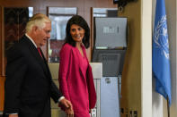 U.S. Secretary of State Rex Tillerson is greeted by U.S. Ambassador to the United Nations Nikki Haley at the United Nations for a Security Council meeting on the situation in North Korea in New York City, U.S., April 28, 2017. REUTERS/Stephanie Keith