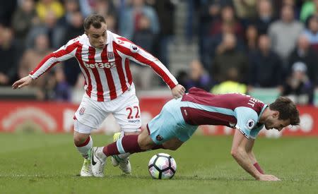 Britain Football Soccer - Stoke City v West Ham United - Premier League - bet365 Stadium - 29/4/17 Stoke City's Xherdan Shaqiri in action with West Ham United's Havard Nordtveit Action Images via Reuters / Carl Recine Livepic