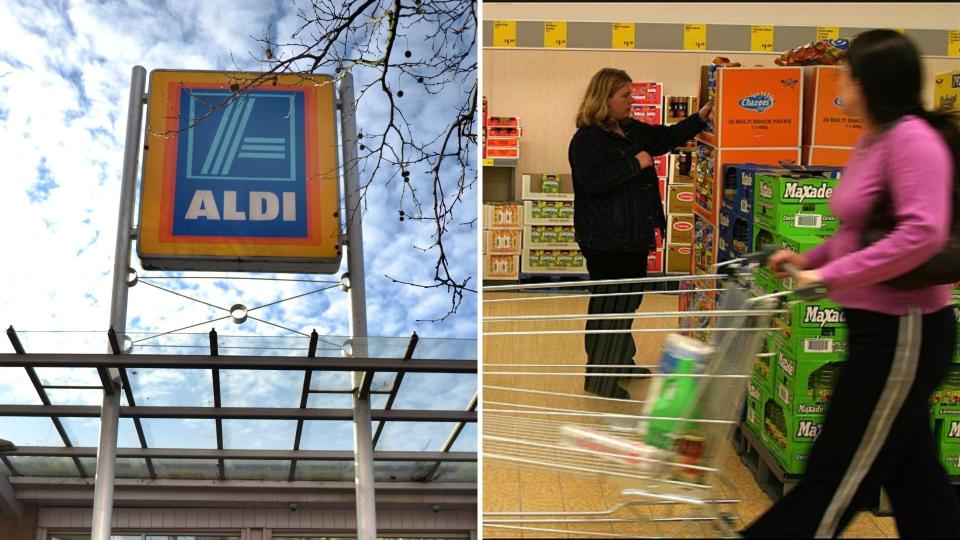 Aldi sign on the left and two women shopping inside a Aldi supermarket.