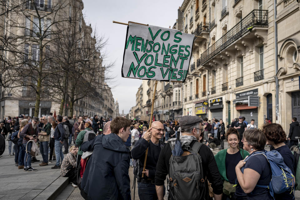 Demonstration against pension reform took place in Bordeaux on Thursday, March 23, 2022. There were several clashes between the demonstrators and the police, and at the end of the demonstration, trash fires were set (Photo by Fabien Pallueau/NurPhoto via Getty Images)