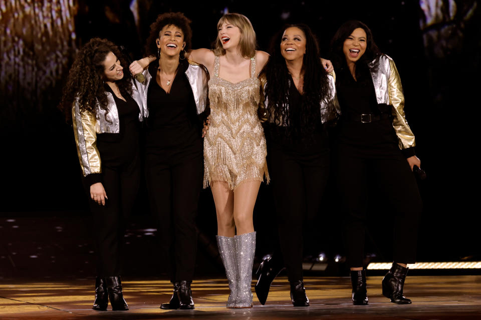 <p>Swift donned her best dress by Roberto Cavalli as she performed a few songs from her album <em>Fearless</em>. The gold fringe dress was reminiscent of a similar look the designer created for her <em>Speak Now</em> Tour in 2011. She paired the look with Christian Louboutin boots and a <a href="https://people.com/music/taylor-swift-makes-backstage-pass-for-dad-eras-tour-photo/" rel="nofollow noopener" target="_blank" data-ylk="slk:bedazzled guitar;elm:context_link;itc:0;sec:content-canvas" class="link ">bedazzled guitar</a>. </p>