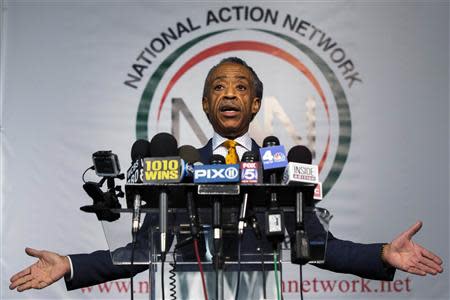 Reverend Al Sharpton speaks during a news conference held to address local media reports regarding his relationship with the FBI during the 1980s in New York April 8, 2014. REUTERS/Lucas Jackson