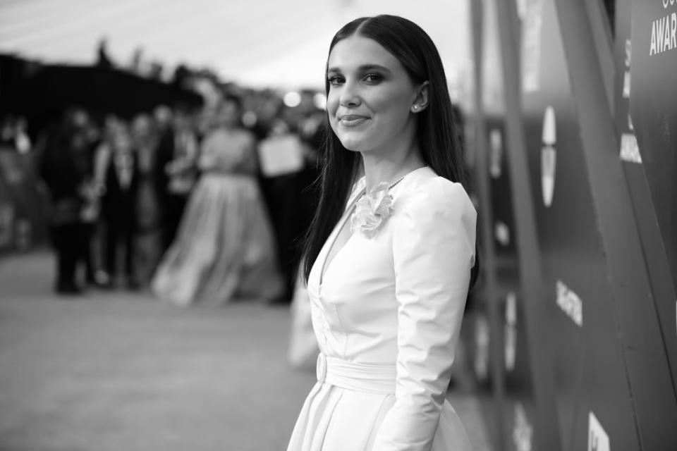 Millie Bobby Brown has called out the online abuse and sexualisation she's received. Pictured here at the Annual Screen Actors Guild Awards January 2020 (Getty)