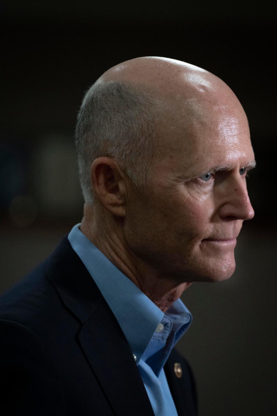 U.S. Senator Rick Scott speaks to the media after a roundtable discussion with local law enforcement leaders about border control and the deadly Fentanyl crisis during his visit to the West Palm Beach Police station on February 3, 2023.