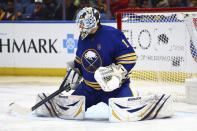 Buffalo Sabres goaltender Ukko-Pekka Luukkonen makes a pad save during the second period of the team's NHL hockey game against the Washington Capitals on Thursday, April 11, 2024, in Buffalo, N.Y. (AP Photo/Jeffrey T. Barnes)