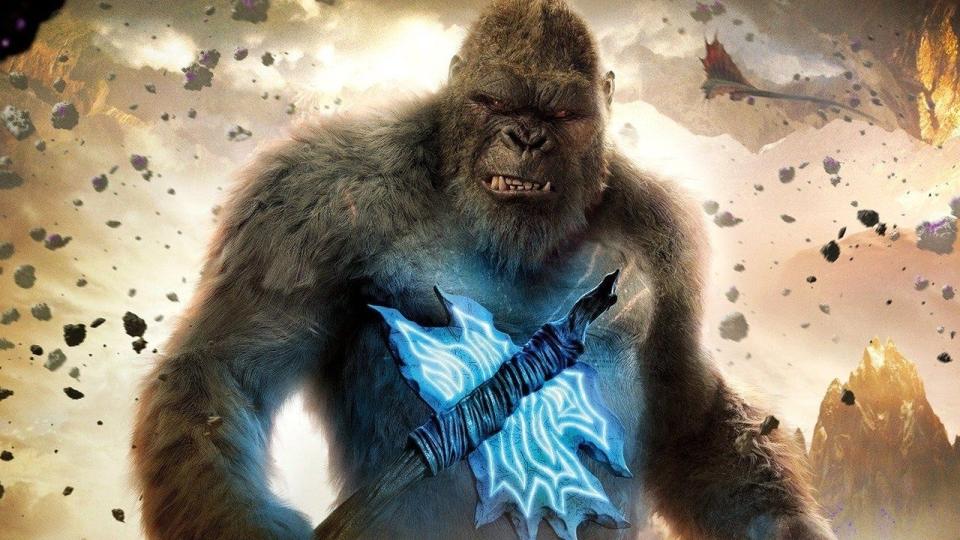 Kong holding an axe made out of Godzilla's spines in "Godzilla vs. Kong."