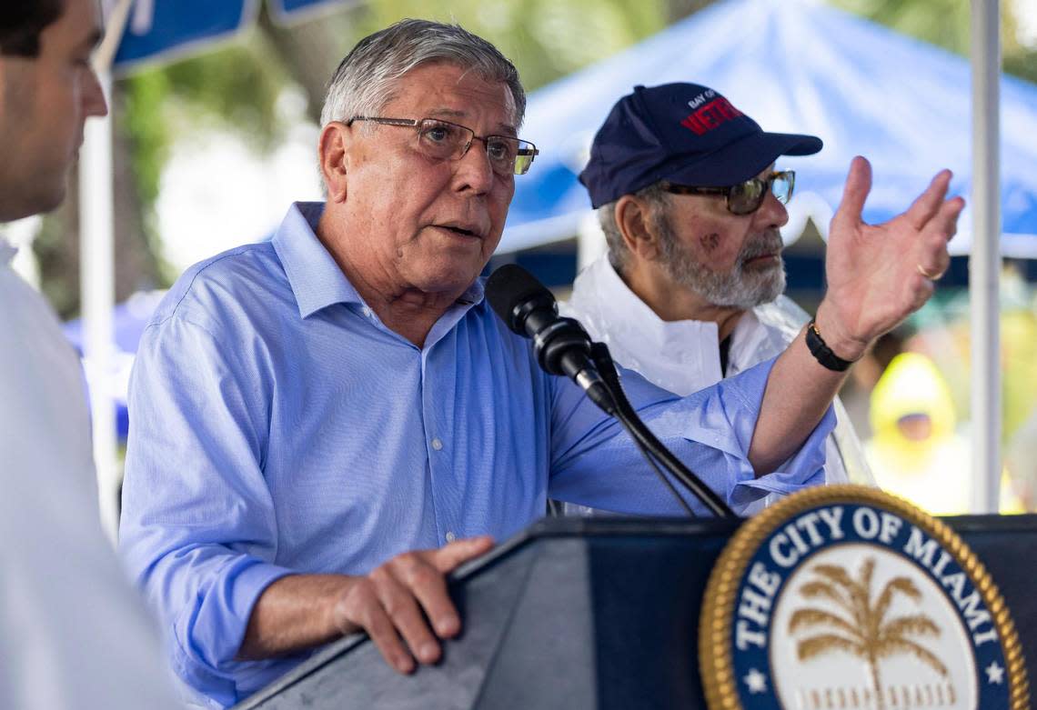 District 4 Commissioner Manolo Reyes speaks during a commemoration event at the Bay of Pigs Memorial Park on Wednesday, April 12, 2023, in Miami, Fla. Reyes unveiled a new monument to honor the Cubans who participated in the Bay of Pigs Invasion and showed improvements made to the park. MATIAS J. OCNER/mocner@miamiherald.com