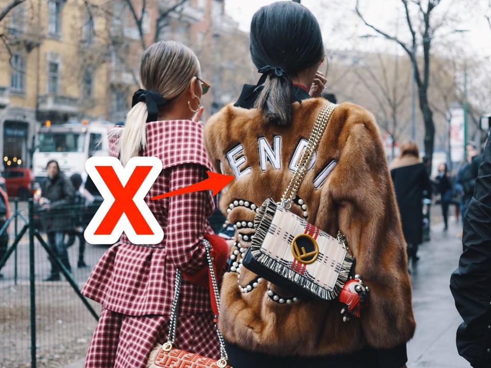 red x and arrow pointing at someone's fendi fur coat
