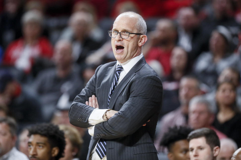 UConn coach Dan Hurley and Tulsa coach Frank Haith were ejected on Wednesday night after attempting to shake hands after a dispute in the second half. (AP/John Minchillo)