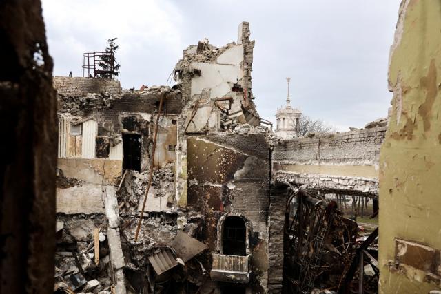A view inside the Mariupol theatre damaged during fighting in Mariupol (AP)