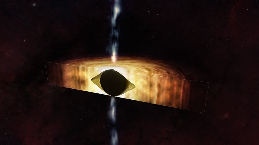  An illustration of a black hole with bright matter surrounding it. The center looks like a black football shape. There are white jets flowing vertically through the center. 