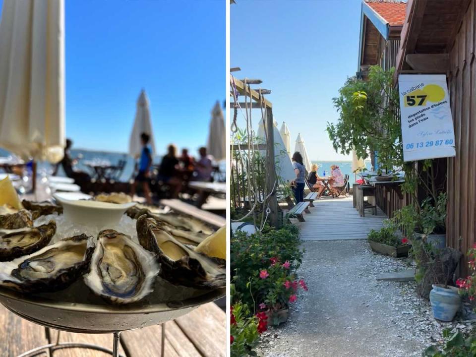 Side by side images of a plate of oysters and a path leading to a restaurant patio.