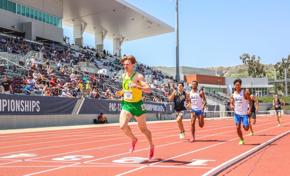 Oregon's Matthew Erickson runs unchallenged to a third-place finish in the men's 800-meter final Sunday during the Pac-12 Track & Field Championship meet.