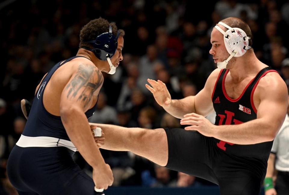 Penn State’s Greg Kerkvliet controls Indiana’s Nick Willham in the 285 lb bout of the match on Sunday, Jan. 14, 2024 at Rec Hall.