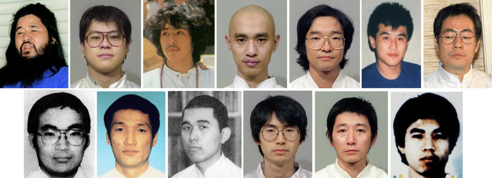 This combination of undated file photos shows 13 members of the Aum Shinrikyo doomsday cult hanged in July 2018 for crimes committed in the 1990s, culminating in sarin nerve gas attack on the Tokyo subway that killed 13 people and sickened thousands. Source: Kyodo News via AP