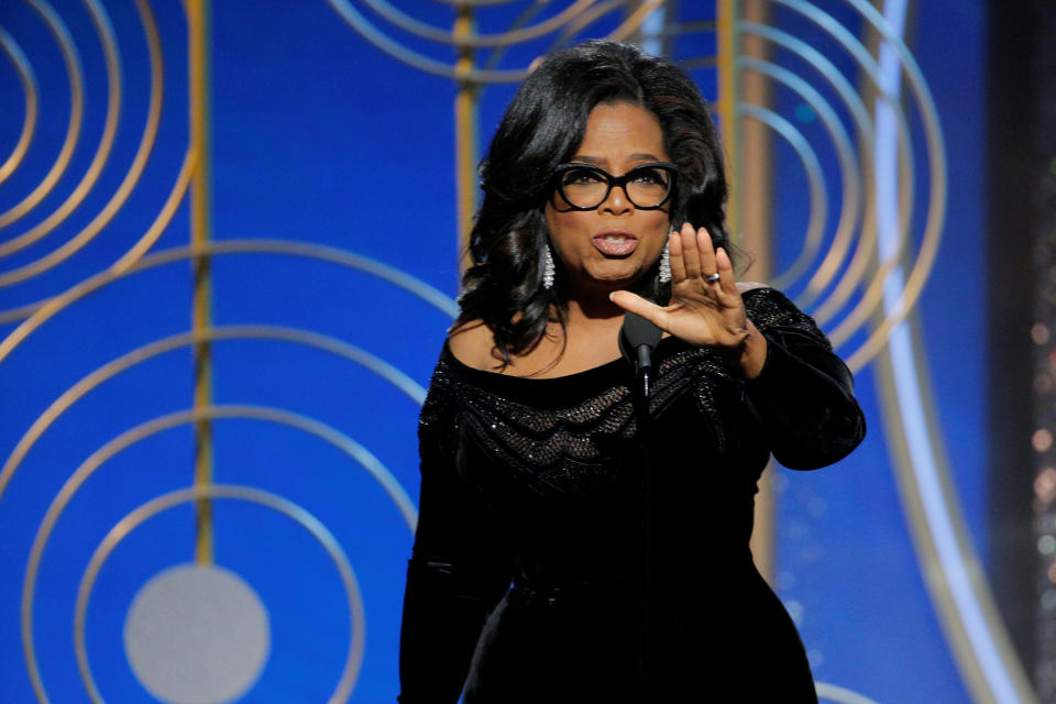 Oprah Winfrey speaks after accepting the Cecil B. Demille Award at the 75th Golden Globe Awards in Beverly Hills, Calif., on Jan. 7, 2018. (Photo: Paul Drinkwater/Courtesy of NBC)