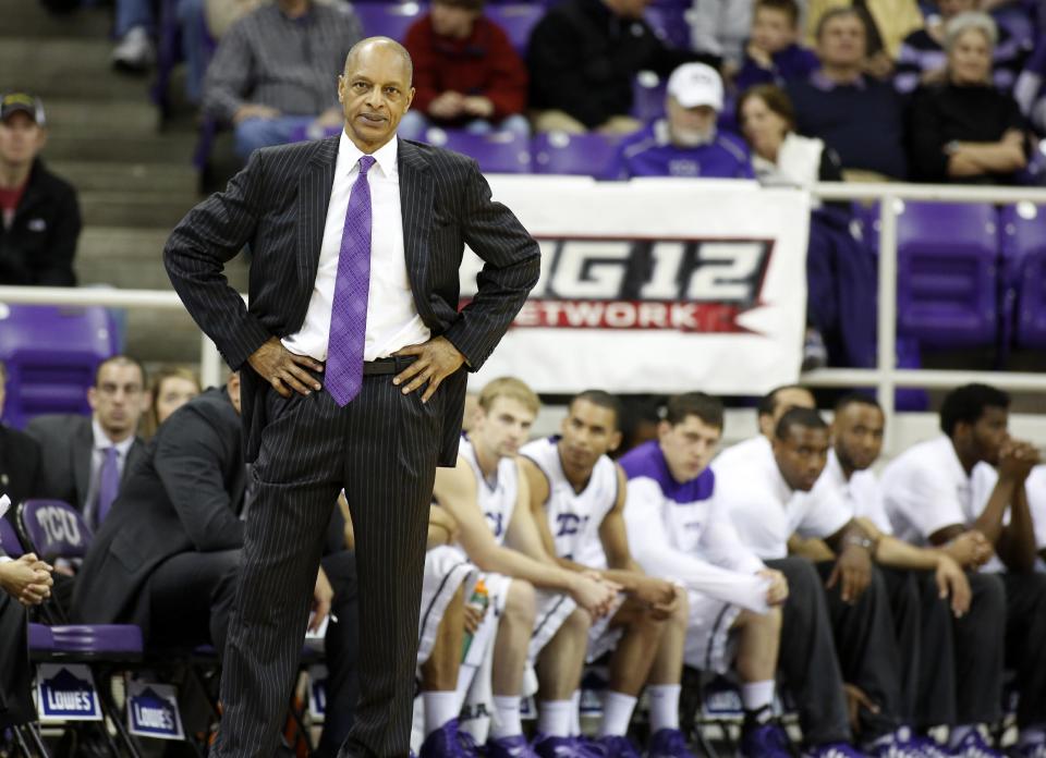 TCU head coach Trent Johnson watches the action in the second half of an NCAA college basketball game against Oklahoma Saturday, March 8, 2014, in Fort Worth, Texas. TCU went 0-18 this season with Oklahoma winning 97-67. (AP Photo/Sharon Ellman)