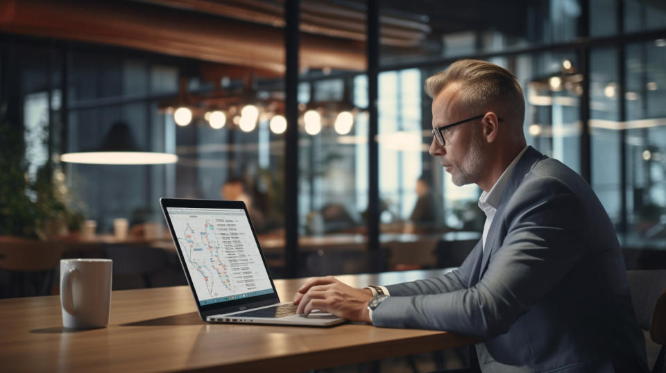 A business executive reviewing customer analytics on their laptop in a modern office.