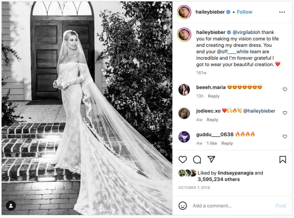 Hailey Bieber on her wedding day in a custom Off-White gown.