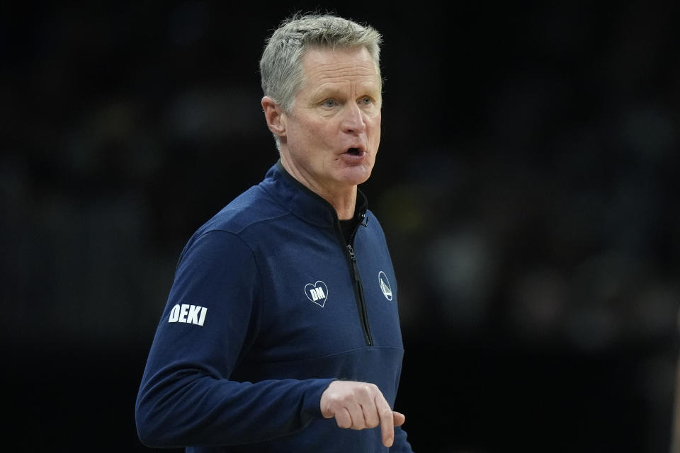 Golden State Warriors head coach Steve Kerr shouts from the bench in the first half of an NBA basketball game against the Boston Celtics, Sunday, March. 3, 2024, in Boston. (AP Photo/Steven Senne)