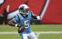 Carolina Panthers quarterback Teddy Bridgewater (5) throws a pass during the second half of an NFL football game against the Tampa Bay Buccaneers Sunday, Sept. 20, 2020, in Tampa, Fla. (AP Photo/Jason Behnken)