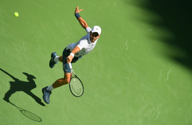 High flyer: Novak Djokovic hits a return to Joao Sousa in a US Open fourth-round victory on Monday