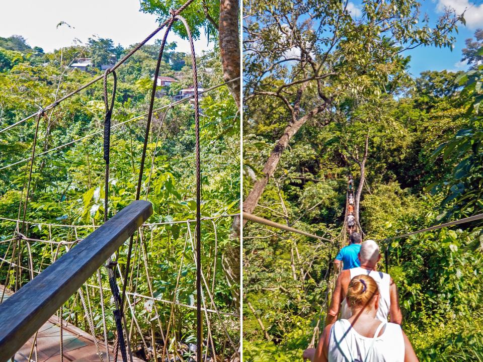 side-by-side photos of suspension bridges on roatan