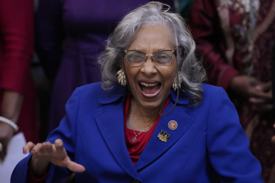 Former State Rep. Alyce Clarke, D-Jackson, laughs at comments made during a ceremony for the unveiling of her official portrait in the Mississippi State Capitol in Jackson, Tuesday, Feb. 13, 2024. Clarke is the first woman and the first African American to have a portrait displayed in the state Capitol. (AP Photo/Rogelio V. Solis)