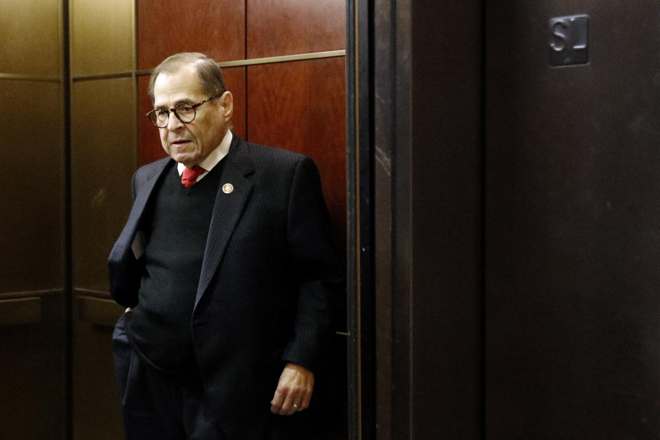 Rep. Jerrold Nadler, D-N.Y., stands in an elevator after leaving a secure area of the Capitol where Army Lt. Col. Alexander Vindman, a military officer at the National Security Council, arrived for a closed door meeting to testify as part of the House impeachment inquiry into President Donald Trump, Tuesday, Oct. 29, 2019, on Capitol Hill in Washington. (AP Photo/Patrick Semansky)