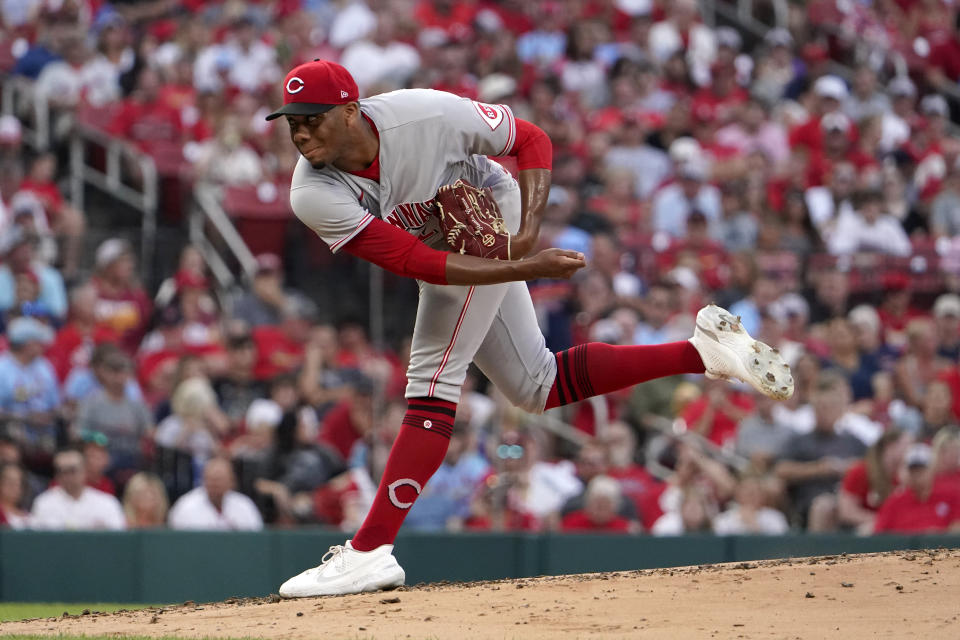 Cincinnati Reds starting pitcher Hunter Greene throws during the first inning of a baseball game against the St. Louis Cardinals Friday, July 15, 2022, in St. Louis. (AP Photo/Jeff Roberson)