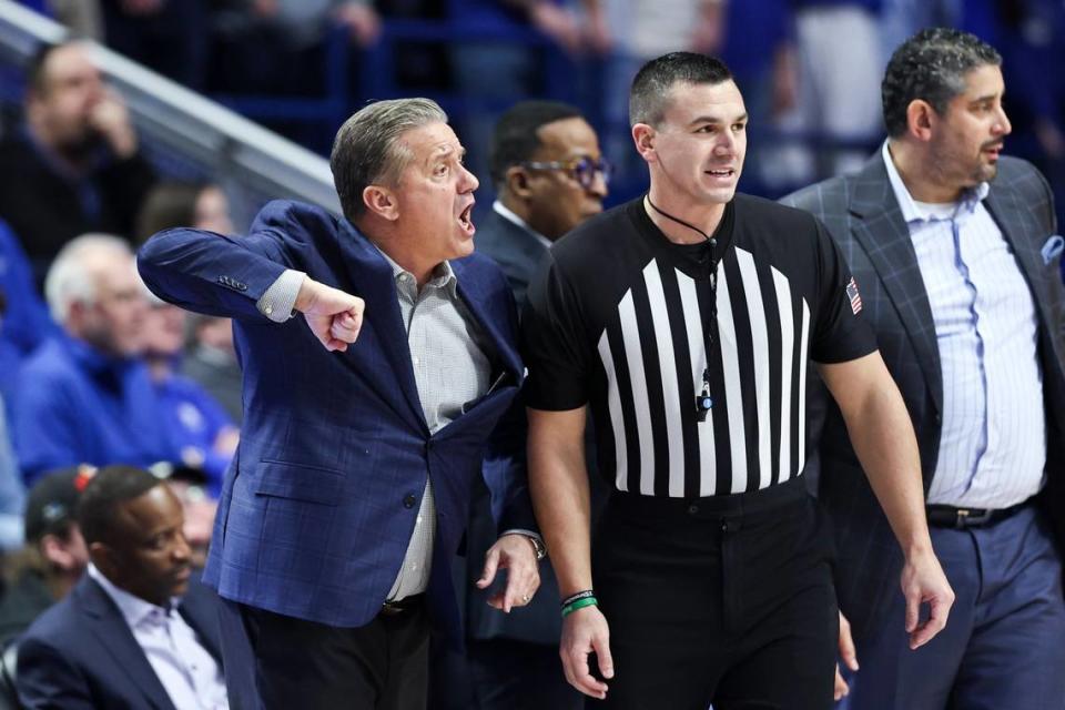 Kentucky head coach John Calipari calls to the referee during Saturday’s game against Georgia.