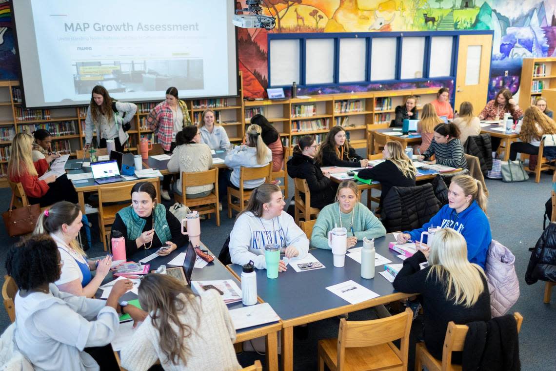 University of Kentucky elementary education students gather for a workshop at Stonewall Elementary in Lexington, Ky., Wednesday, January 18, 2023.