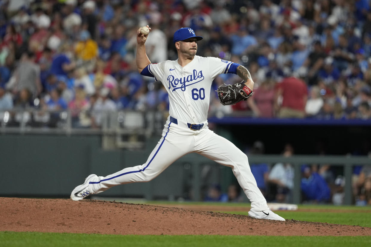 Lucas Erceg #60 of the Kansas City Royals pitches in the ninth inning against the St. Louis Cardinals at Kauffman Stadium on August 10, 2024 in Kansas City, Missouri. (Photo by Ed Zurga/Getty Images)